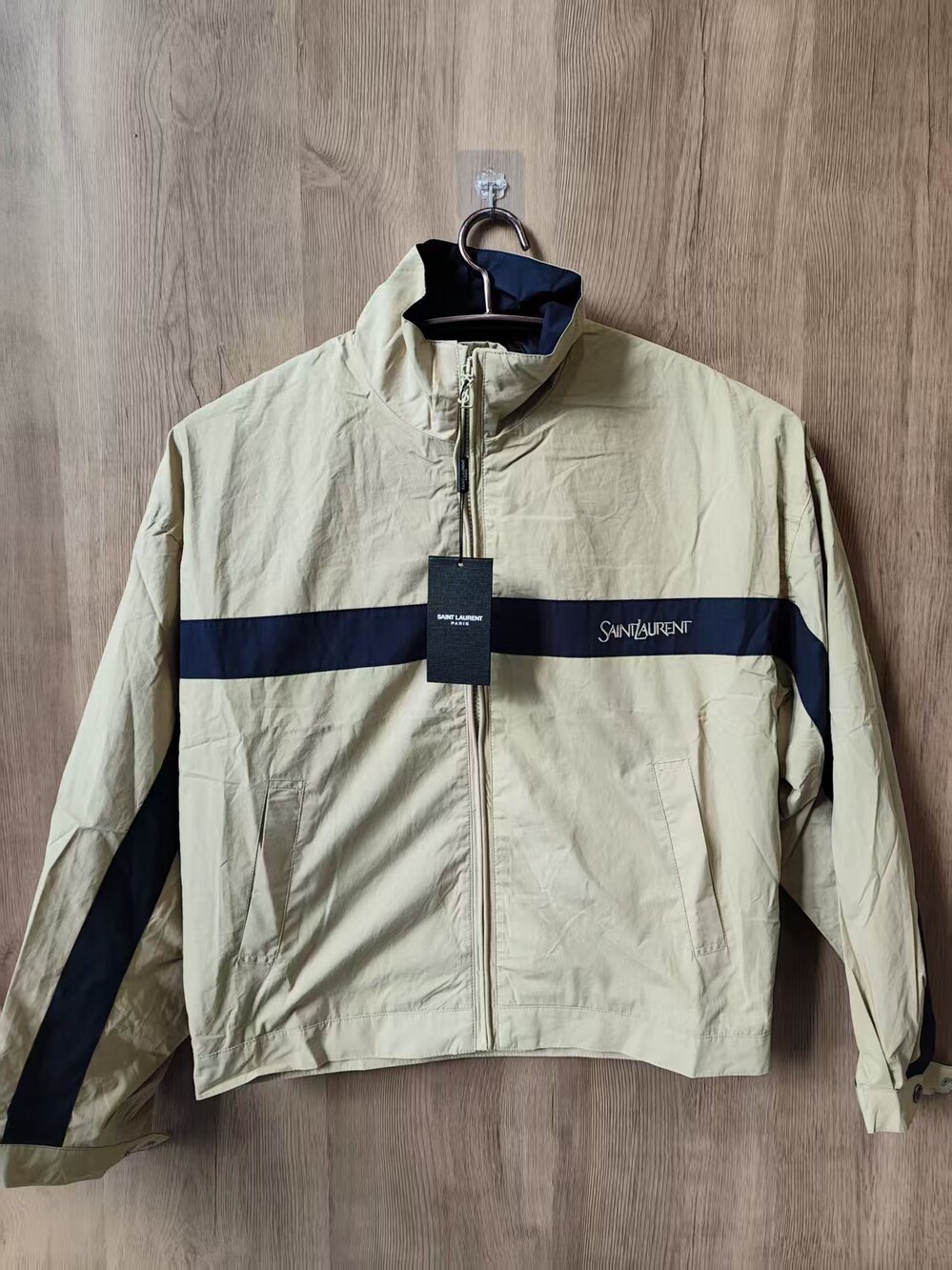 🤍Saint Laurent Beige Striped Stand‑Collar Windbreaker Jacket